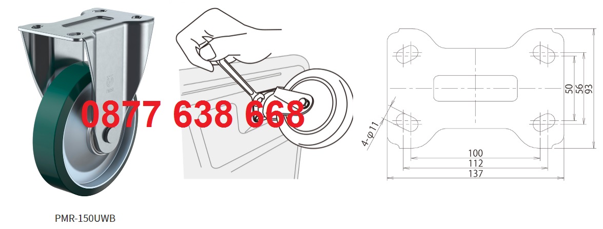 Bánh xe đẩy Nhật Bản PU cố định phi 150 PMR-150UWB Lồng Thép